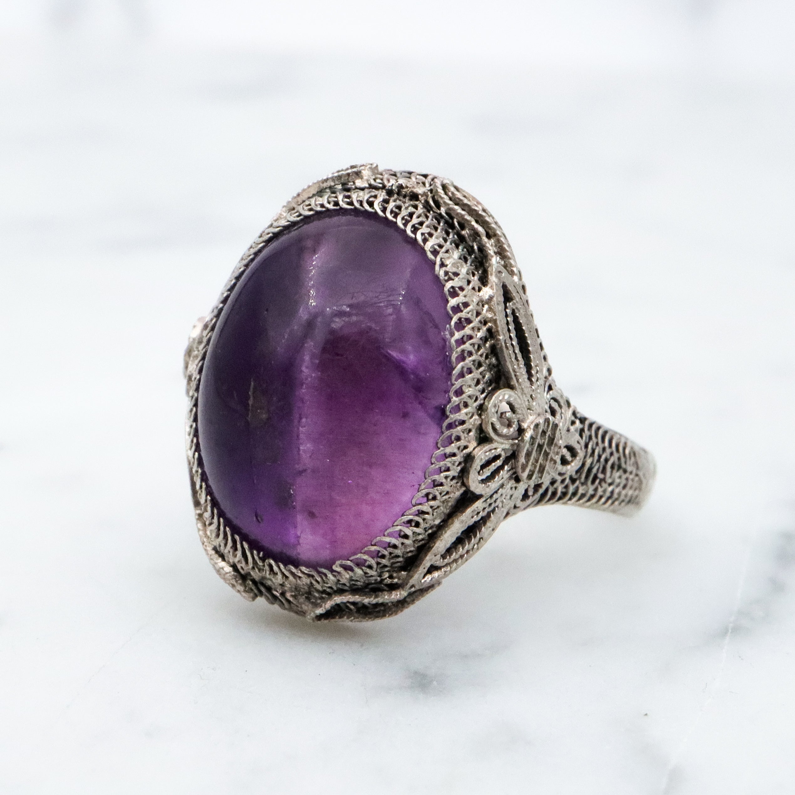 Antique Chinese silver filigree amethyst ring, size 7 adjustable